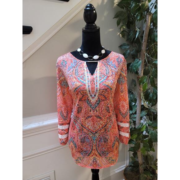Ruby Rd Blouse Women's Large Multicolor Paisley Print Long Sleeve Tunic Top - Picture 2 of 14